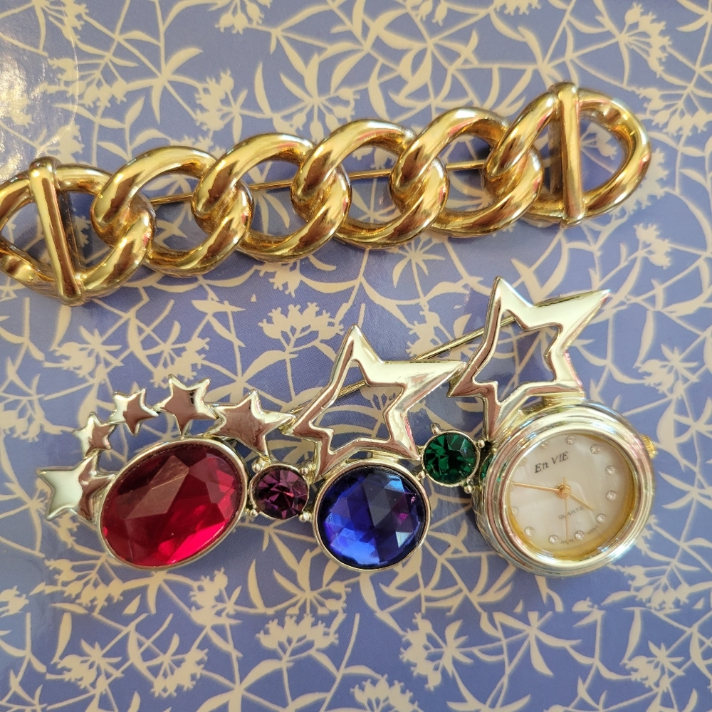 Monet & ACJ (?) Brooches ~ Gold-Tone ~ Stars & Watch ~ Unique ~ Vtg-Y2K